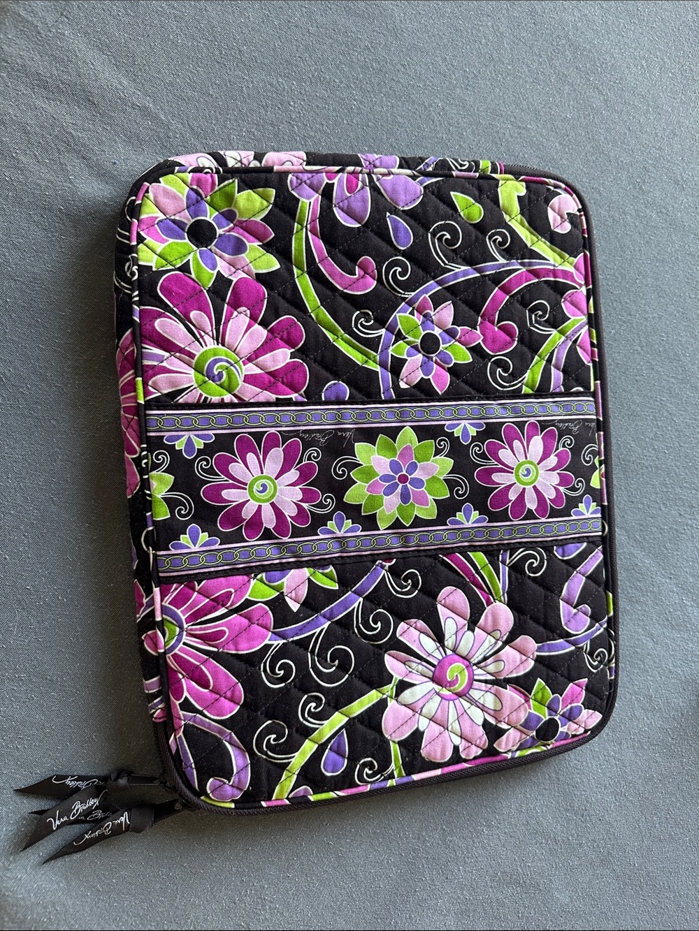 Vera Bradley Black Quilted Tablet Sleeve with Pink, Purple & Green Floral Print